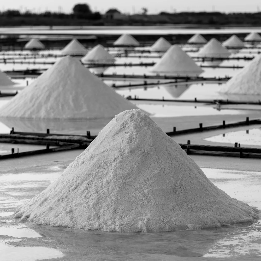 Montes de sal empilhados na salina